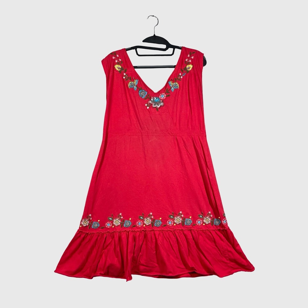 JW Los Angeles Dress Women M Red Floral Embroidered Boho Peasant V-Neck Mini - Picture 5 of 9